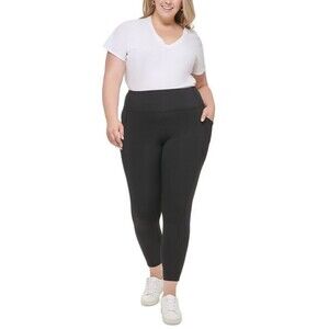 Calvin Klein Women's Plus Size Solid Side-Pocket Pull-On Leggings Gym Black